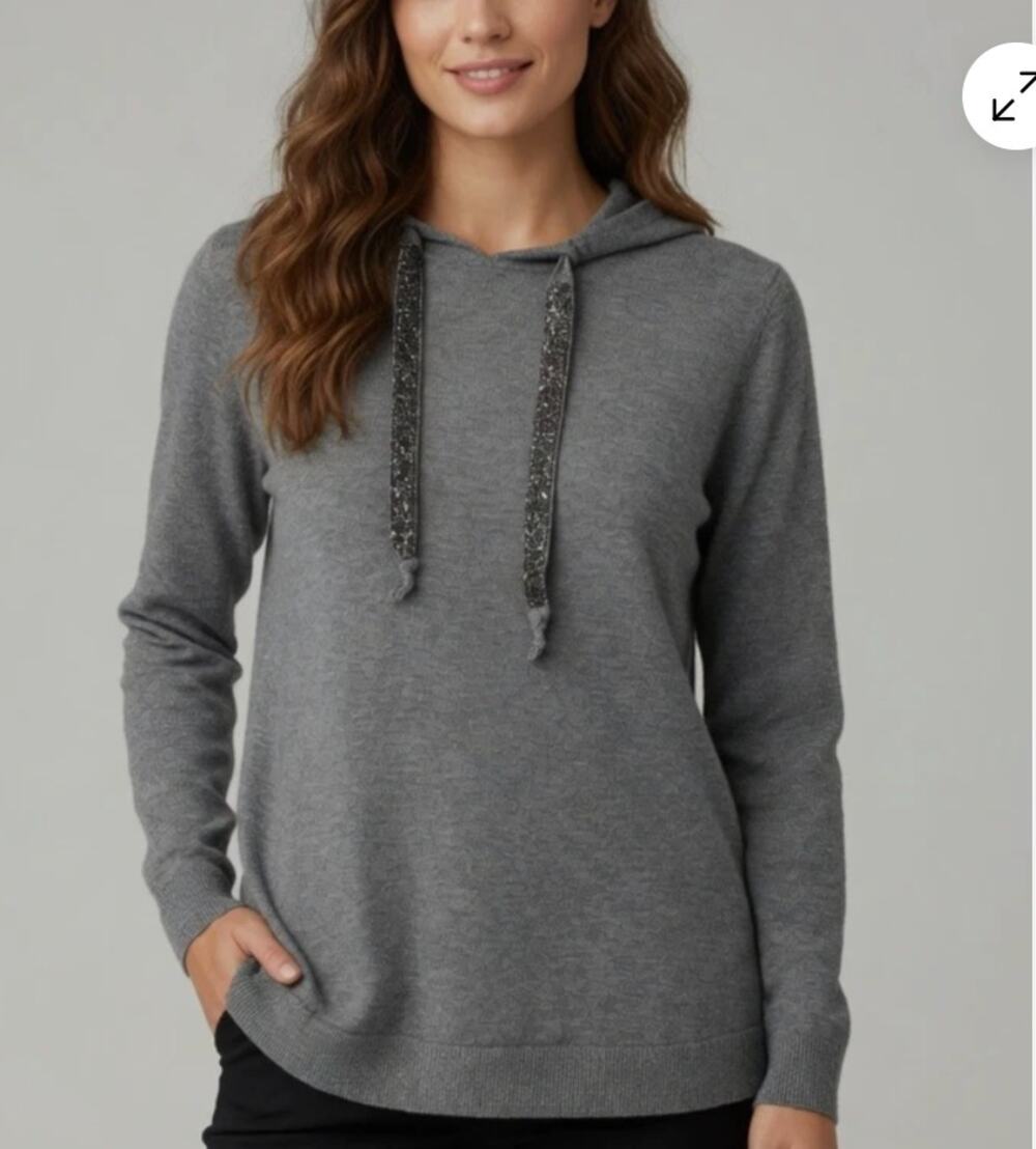 Chico’s Hooded Sweater Large (12) Gray Cashmere Blend Sparkle Drawstring Comfy